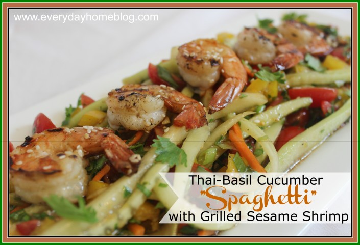 Thai-Basil Cucumber "Spaghetti" with Grilled Sesame Shrimp by The Everyday Home