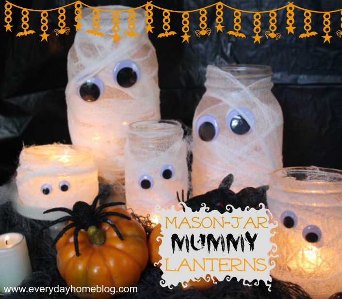 Mason Jar Mummy Lanterns by The Everyday Home  #theeverydayhome  #DIY  #Halloween  #MasonJar  #crafts