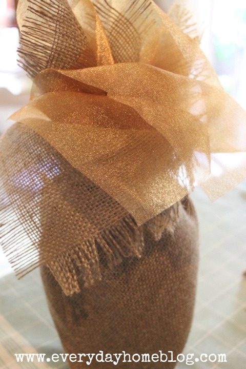 No Sew Burlap and Organza Wine Bottle Wrap by The Everyday Home