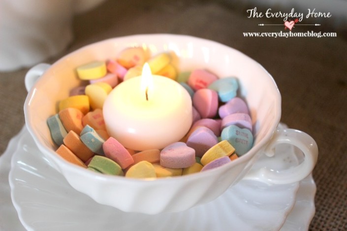Sweetheart Candies and a Candle in a Vintage White Teacup | The Everyday Home | www.everydayhomeblog.com