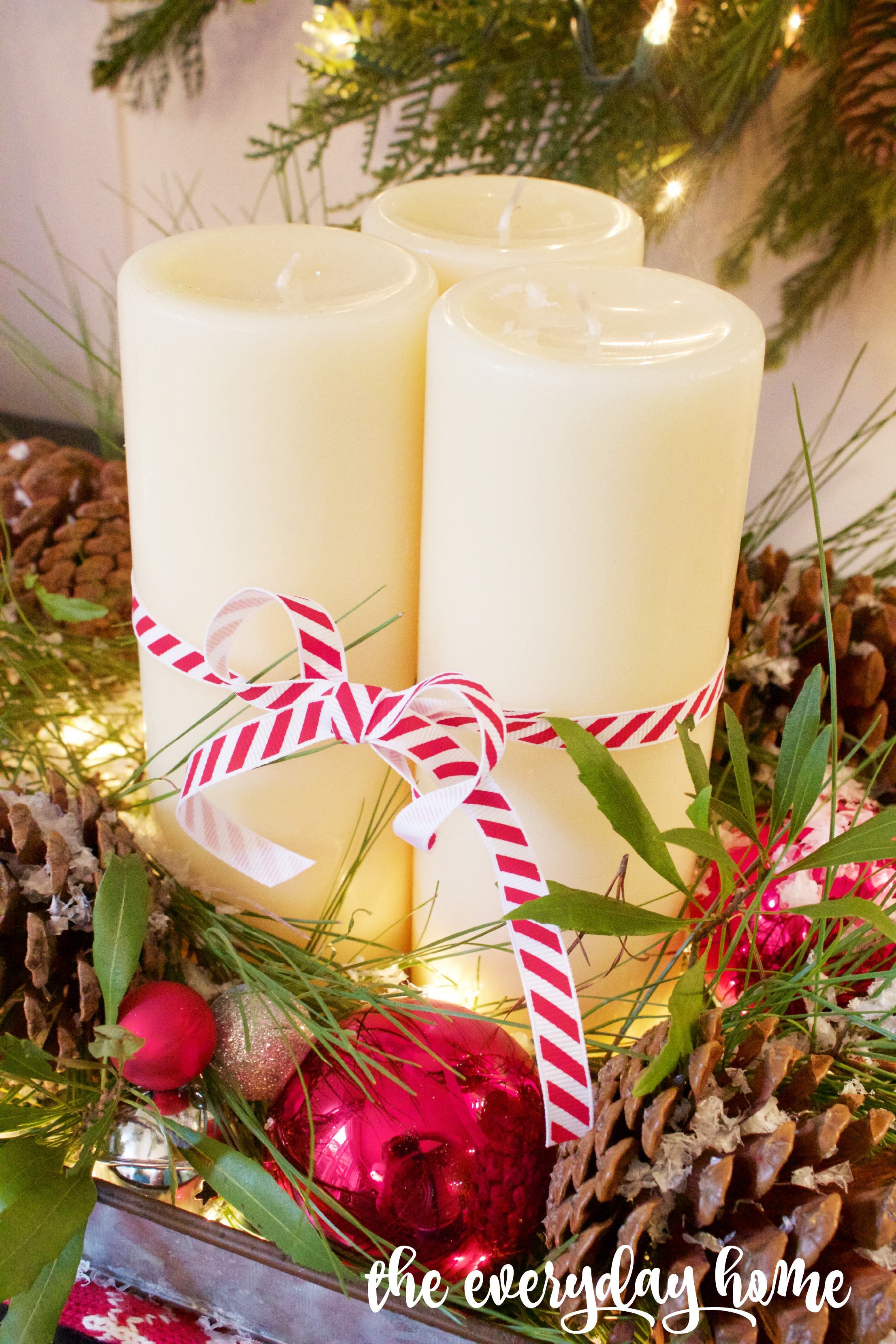 Trio of Candles with Candy Cane Ribbon | The Everyday Home | www.everydayhomeblog.com