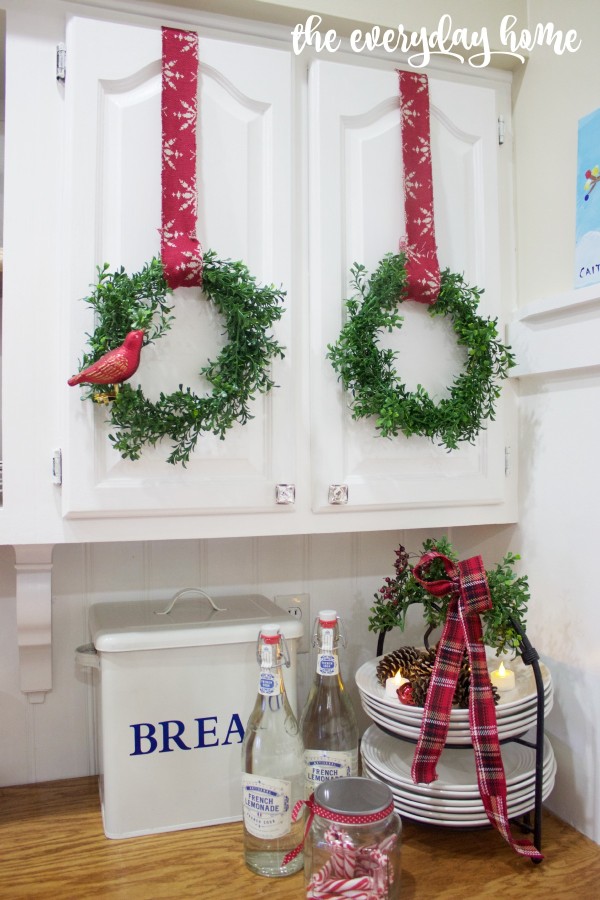 Boxwood Wreaths on White Cabinets | 2015 Christmas Home Tour | The Everyday Home | www.everydayhomeblog.com
