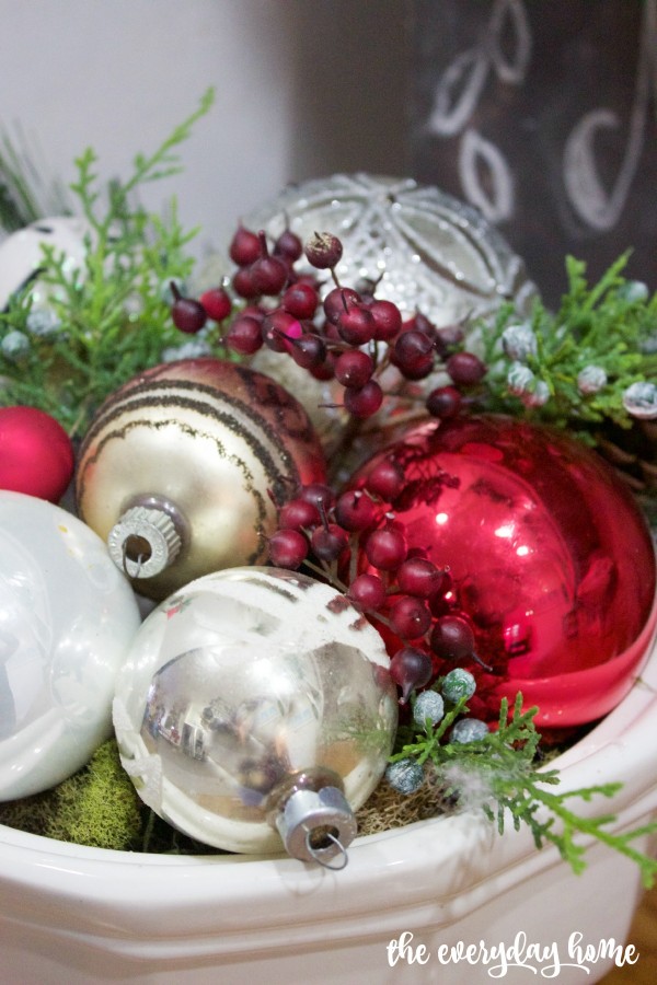 White Ironstone Bowl with Ornaments | 2015 Christmas Home Tour | The Everyday Home | www.everydayhomeblog.com