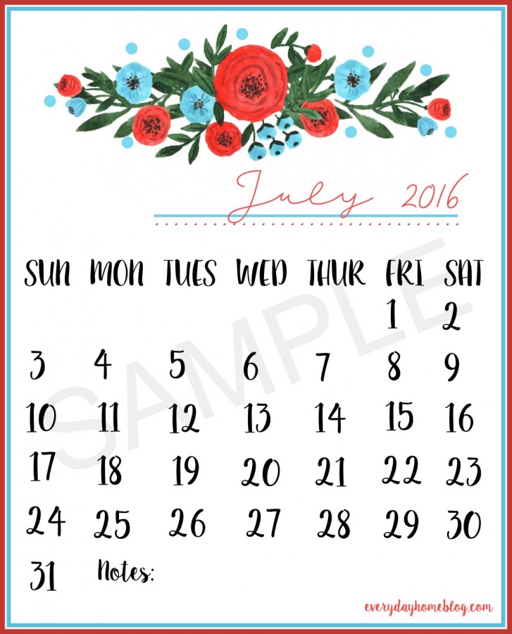 July 2016 Calendar Sample
