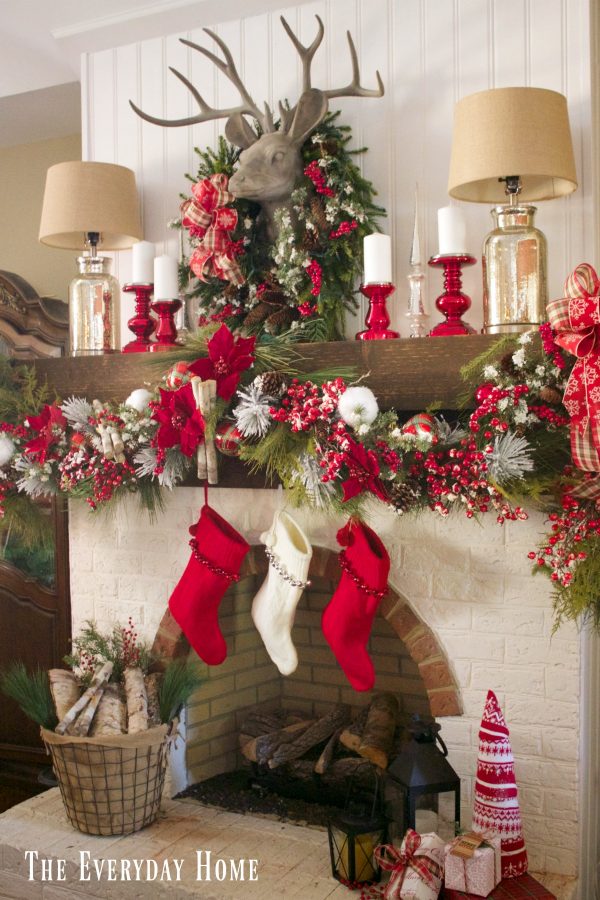 festive-christmas-mantel-and-fireplace-in-red-and-white | The Everyday Home | www.everydayhomeblog.com